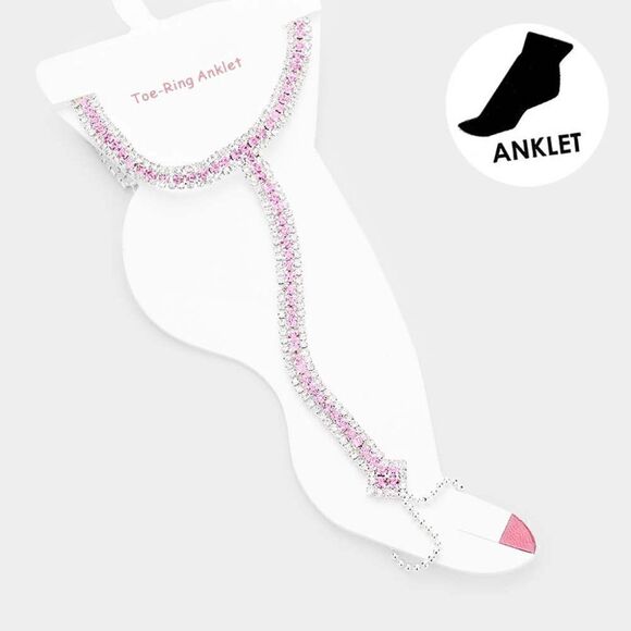 Anklet Pink Rhinestone Silver Net Toe Ring - Picture 4 of 6